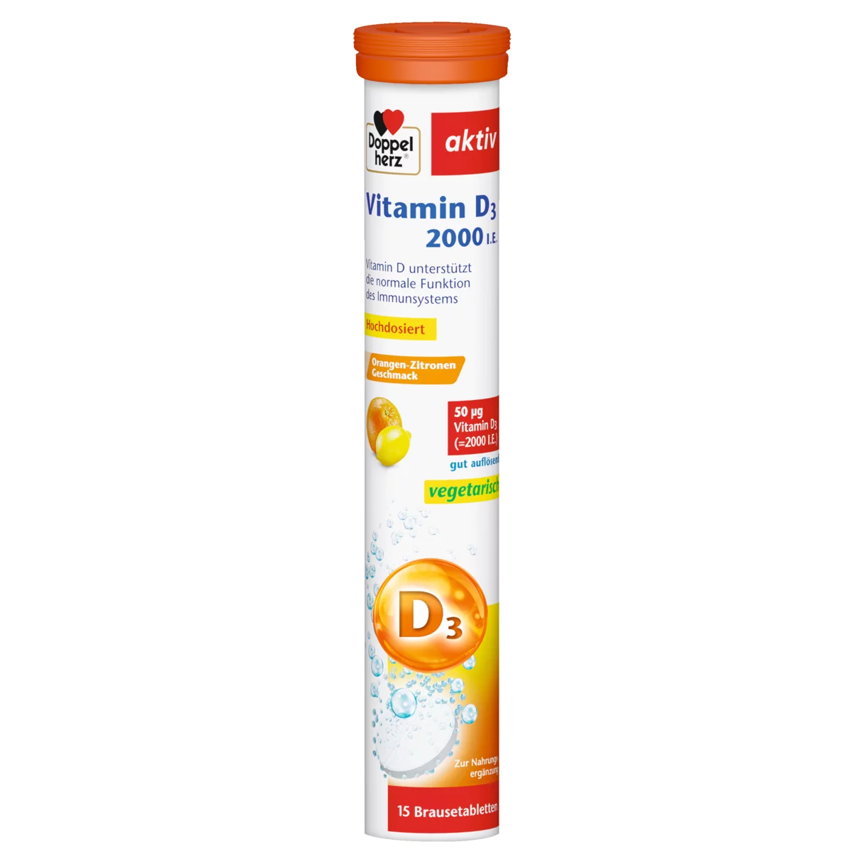 Doppelherz aktiv Vitamin D3 2000 I.E. Brausetabletten Frontansicht