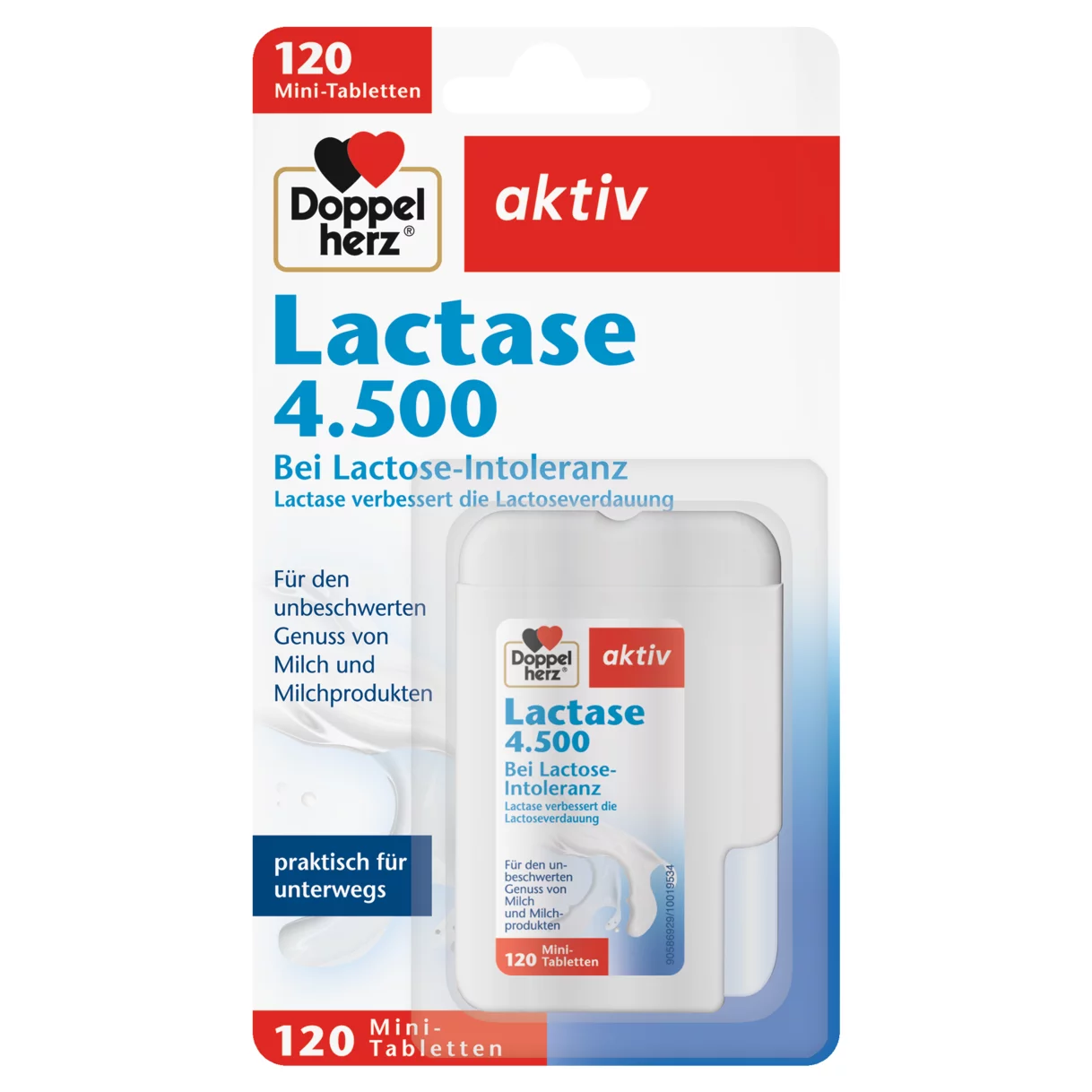 Doppelherz aktiv Lactase 4.500 Prednji pogled Retuširani prednji pogled Zadnji pogled Pogled sa leve strane Pogled sa desne strane
