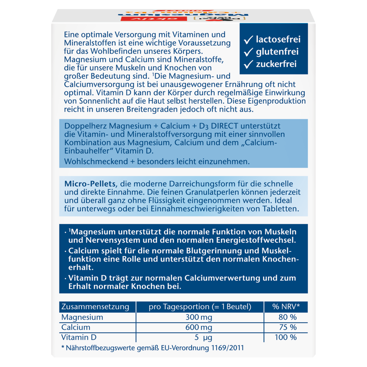 Abbildung der Produktverpackung Doppelherz aktiv Magnesium + Calcium + D3 DIRECT Rückansicht