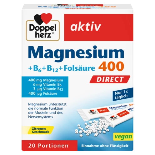Abbildung der Produktverpackung Doppelherz aktiv Magnesium 400 DIRECT Frontansicht