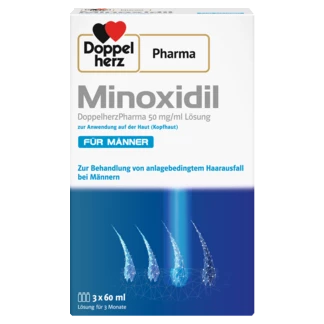 Abbildung der Produktverpackung DoppelherzPharma Minoxidil DoppelherzPharma 50 mg/ml Lösung zur Anwendung auf der Haut (Kopfhaut) Frontansicht