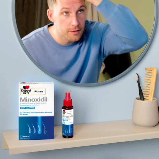 Doppelherz Pharma Minoxidil für Männer Produkt auf Badezimmerschrank