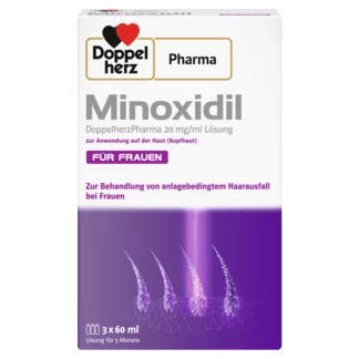 Abbildung der Produktverpackung DoppelherzPharma Minoxidil DoppelherzPharma 20 mg/ml Lösung zur Anwendung auf der Haut (Kopfhaut) Frontansicht