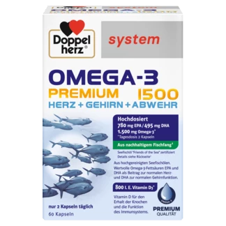 Abbildung der Produktverpackung Doppelherz system OMEGA-3 PREMIUM 1500 Frontansicht