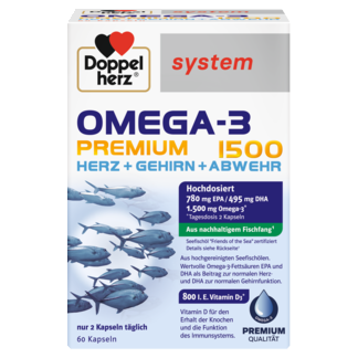 Abbildung der Produktverpackung Doppelherz system OMEGA-3 PREMIUM 1500 Frontansicht
