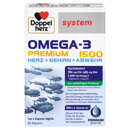 Abbildung der Produktverpackung Doppelherz system OMEGA-3 PREMIUM 1500 Frontansicht