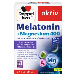 Doppelherz aktiv Melatonin + Magnezijum 400 Prednji pogled Retuširani prednji pogled Zadnji pogled Pogled sa leve strane Pogled sa desne strane