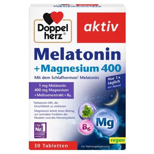 Doppelherz aktiv Melatonin + Magnezijum 400 Prednji pogled Retuširani prednji pogled Zadnji pogled Pogled sa leve strane Pogled sa desne strane