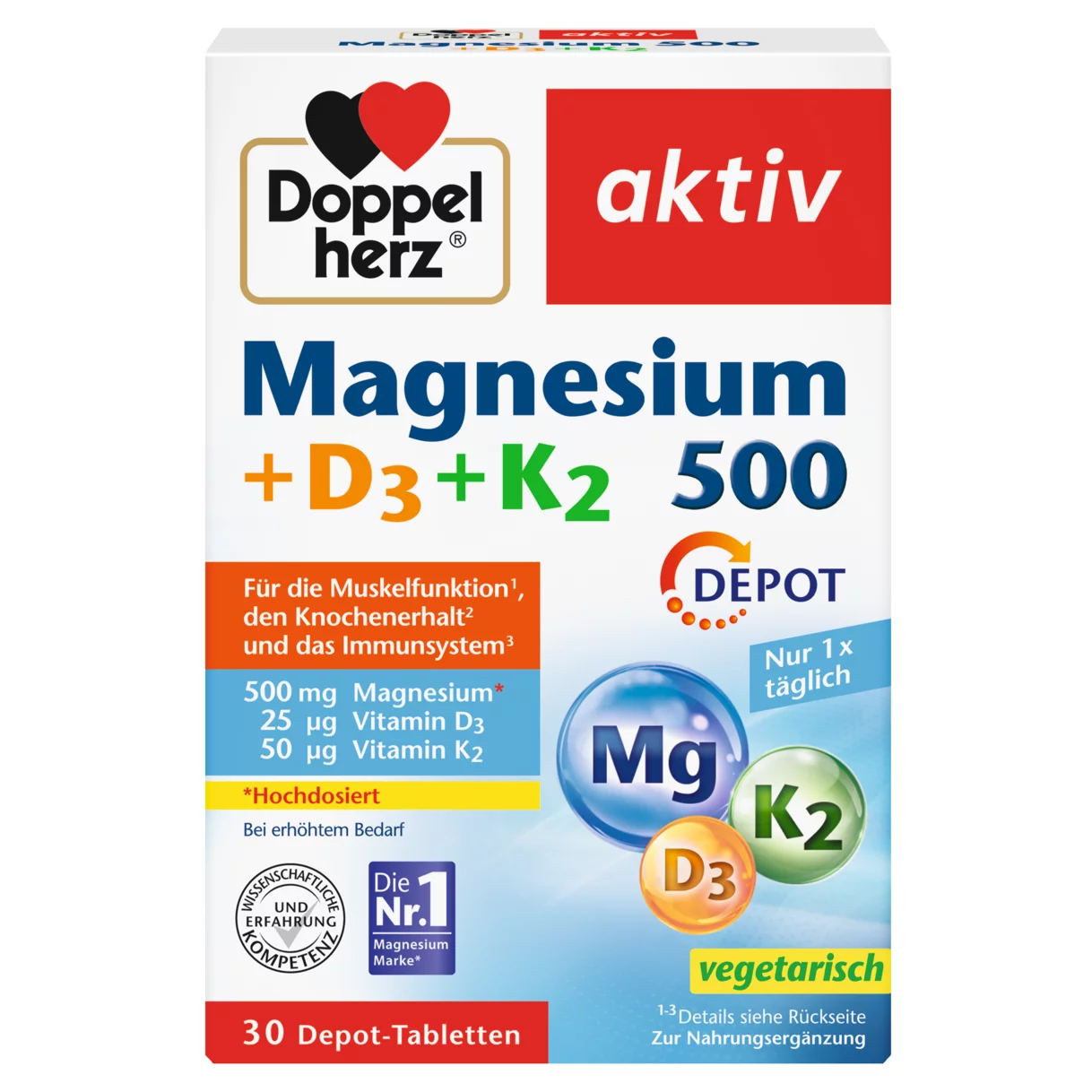 Doppelherz aktiv Magnesium 500 + D3 + K2 Frontansicht