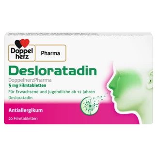 Abbildung der Produktverpackung DoppelherzPharma Desloratadin DoppelherzPharma 5 mg Filmtabletten Frontansicht
