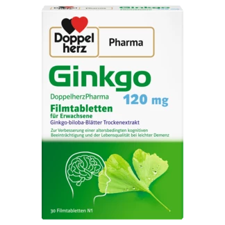 Abbildung der Produktverpackung DoppelherzPharma Ginkgo DoppelherzPharma 120 mg Filmtabletten Frontansicht