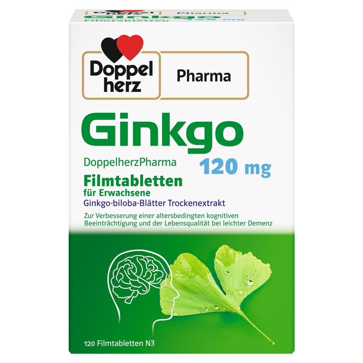 Abbildung der Produktverpackung DoppelherzPharma Ginkgo DoppelherzPharma 120 mg Filmtabletten Frontansicht
