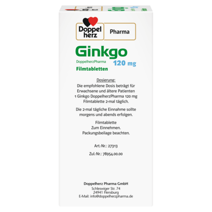 Abbildung der Produktverpackung DoppelherzPharma Ginkgo DoppelherzPharma 120 mg Filmtabletten Seitenansicht links