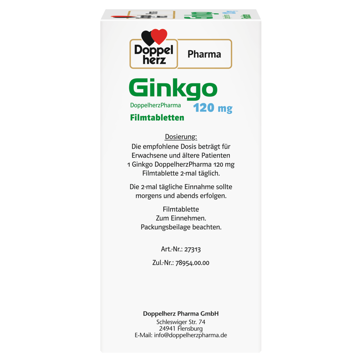 Abbildung der Produktverpackung DoppelherzPharma Ginkgo DoppelherzPharma 120 mg Filmtabletten Seitenansicht links
