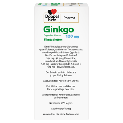 Abbildung der Produktverpackung DoppelherzPharma Ginkgo DoppelherzPharma 120 mg Filmtabletten Seitenansicht rechts