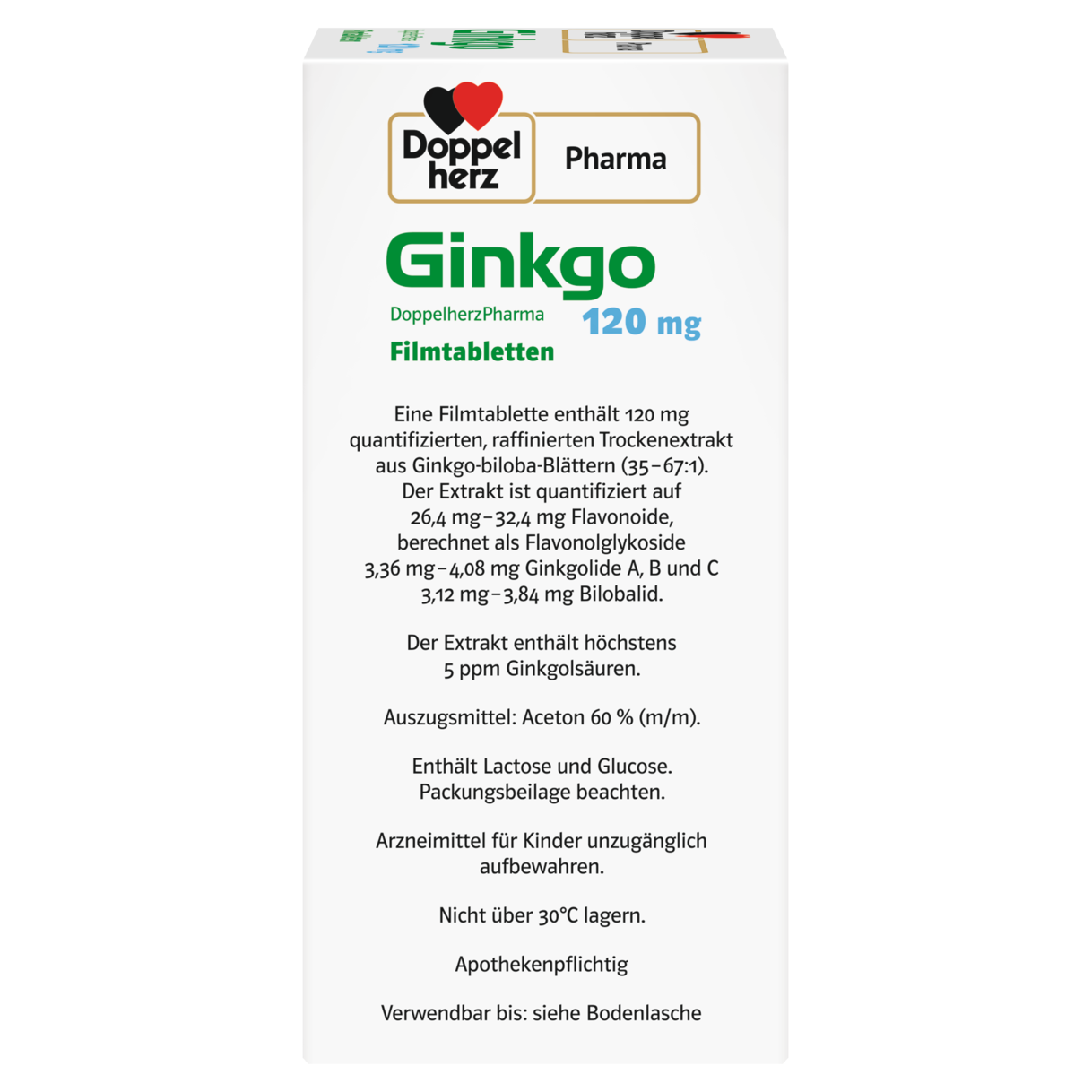 Abbildung der Produktverpackung DoppelherzPharma Ginkgo DoppelherzPharma 120 mg Filmtabletten Seitenansicht rechts