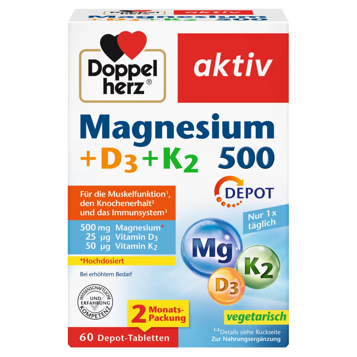 Doppelherz aktiv Magnesium 500 + D3 + K2 Frontansicht