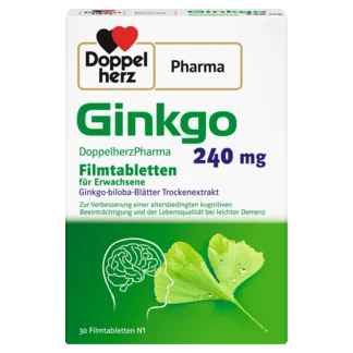 Abbildung der Produktverpackung DoppelherzPharma Ginkgo DoppelherzPharma 240 mg Filmtabletten Frontansicht