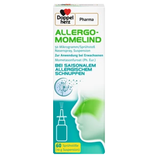 Abbildung der Produktverpackung DoppelherzPharma ALLERGO-MOMELIND 50 Mikrogramm/Sprühstoß Nasenspray, Suspension Frontansicht