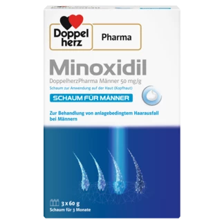 Abbildung der Produktverpackung DoppelherzPharma Minoxidil DoppelherzPharma Männer 50 mg/g Schaum zur Anwendung auf der Haut (Kopfhaut) Frontansicht