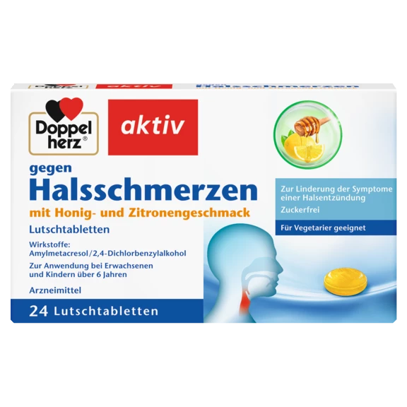 Doppelherz aktiv Doppelherz gegen Halsschmerzen mit Honig- und Zitronengeschmack Lutschtabletten Frontansicht