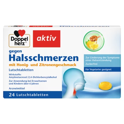 Doppelherz aktiv Doppelherz gegen Halsschmerzen mit Honig- und Zitronengeschmack Lutschtabletten Frontansicht