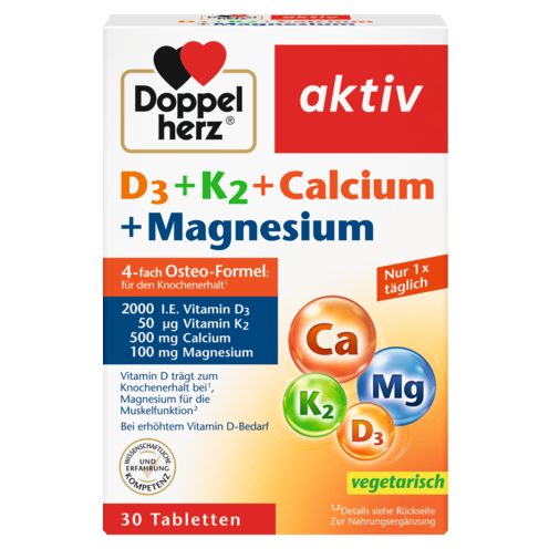 Abbildung der Produktverpackung Doppelherz aktiv D3 + K2 + Calcium + Magnesium Frontansicht