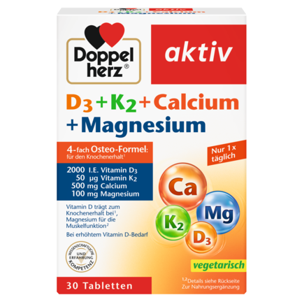 Abbildung der Produktverpackung Doppelherz aktiv D3 + K2 + Calcium + Magnesium Frontansicht
