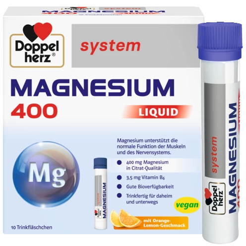 Doppelherz system MAGNEZIJUM 400 LIQUID Prednji pogled Retuširani prednji pogled Zadnji pogled Pogled sa leve strane Pogled sa desne strane