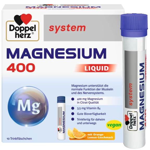 Doppelherz system MAGNEZIJUM 400 LIQUID Prednji pogled Retuširani prednji pogled Zadnji pogled Pogled sa leve strane Pogled sa desne strane