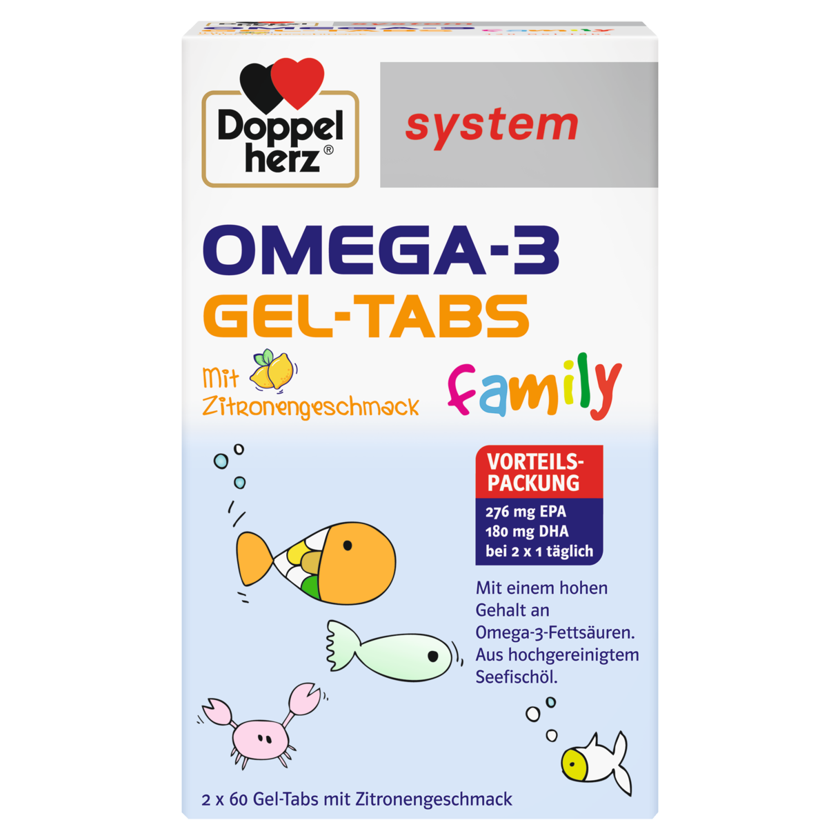 Abbildung der Produktverpackung Doppelherz system OMEGA-3 family Zitrone Frontansicht