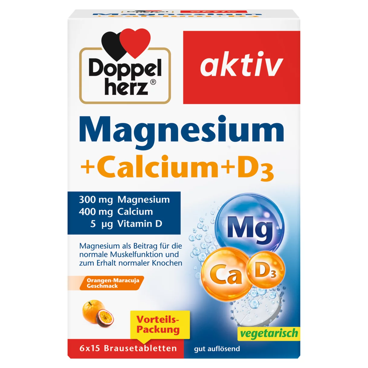 Doppelherz aktiv Magnesium + Calcium + D3 Brausetabletten Frontansicht
