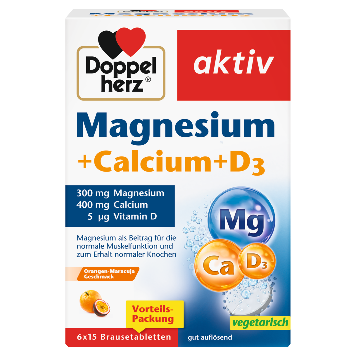Abbildung der Produktverpackung Doppelherz aktiv Magnesium + Calcium + D3 Brausetabletten Frontansicht