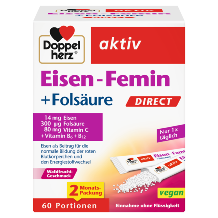 Abbildung der Produktverpackung Doppelherz aktiv Eisen-Femin DIRECT Frontansicht