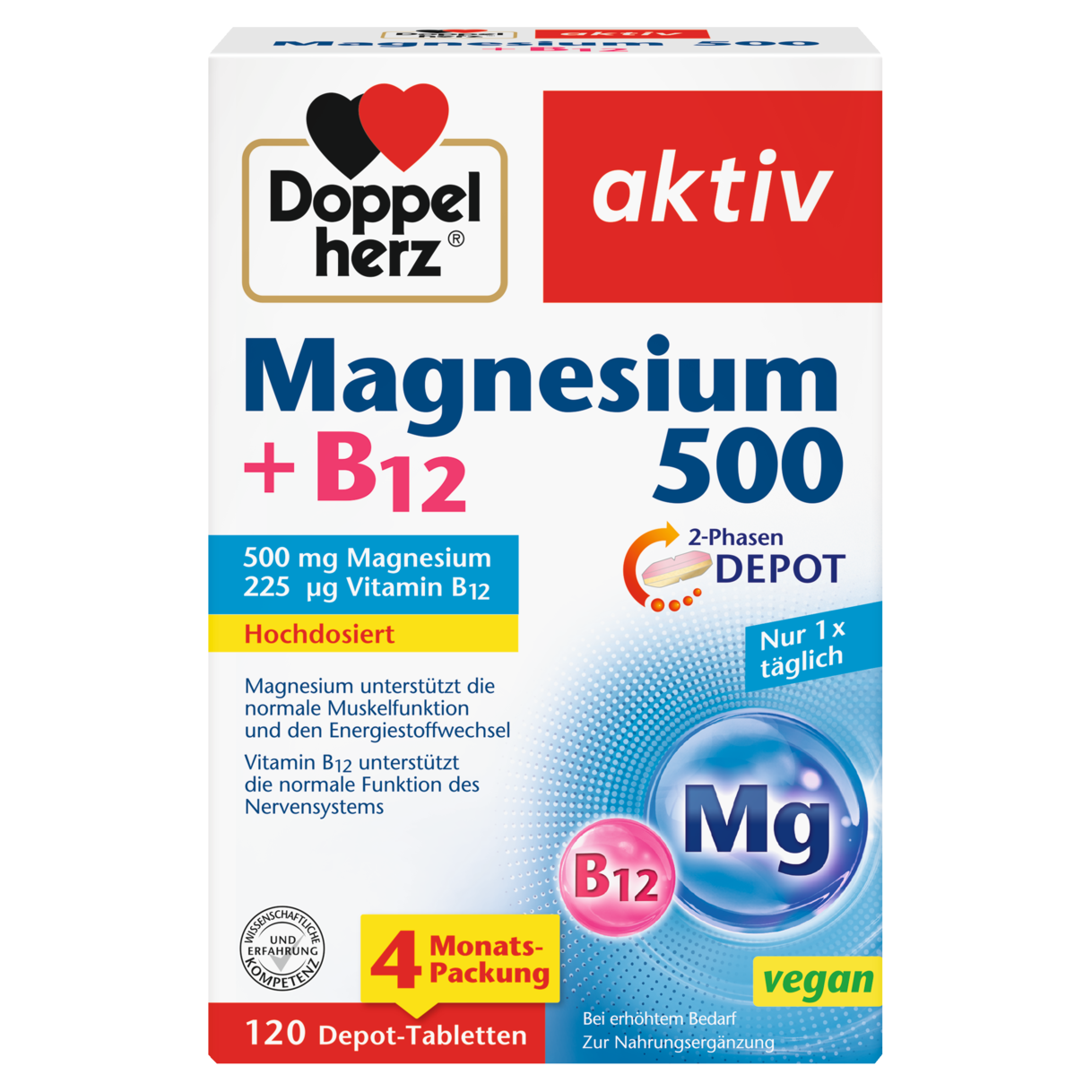 Abbildung der Produktverpackung Doppelherz aktiv Magnesium 500 + B12 Frontansicht