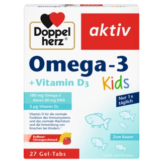 Abbildung der Produktverpackung Doppelherz aktiv Omega-3 + Vitamin D3 Kids Frontansicht