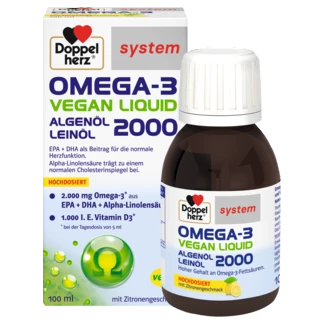 Abbildung der Produktverpackung Doppelherz system OMEGA-3 VEGAN LIQUID 2000 Frontansicht