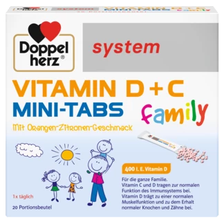 Abbildung der Produktverpackung Doppelherz system VITAMIN D + C MINI TABS family Frontansicht
