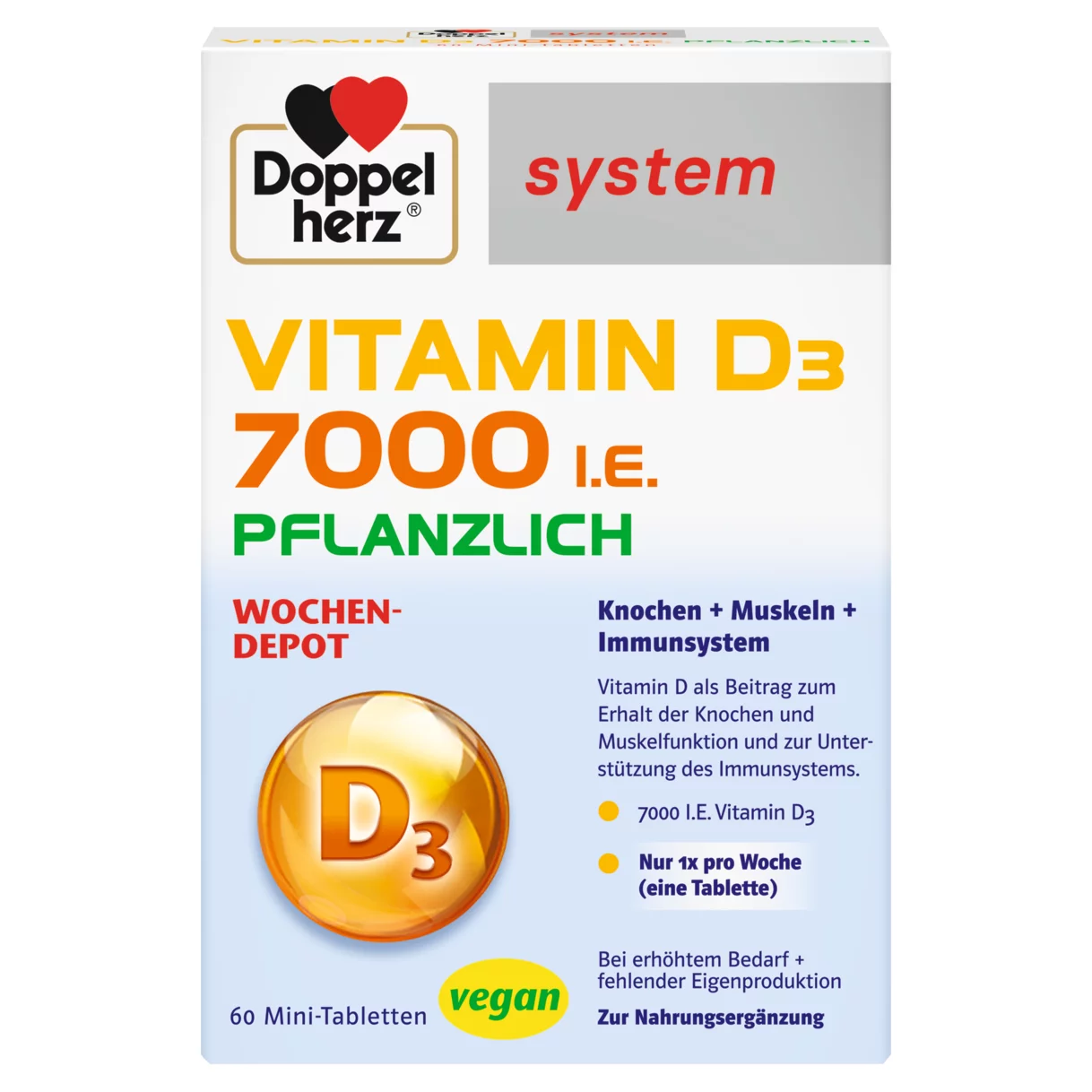 Doppelherz system VITAMIN D3 7000 I.E. PFLANZLICH Frontansicht