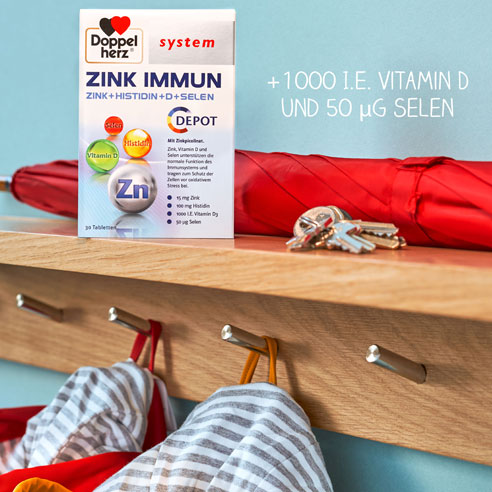 Doppelherz system Zink Immun auf Garderobe inklusive schriftlicher Hinweis + 1000 I.E. Vitamin D und 50 µg
