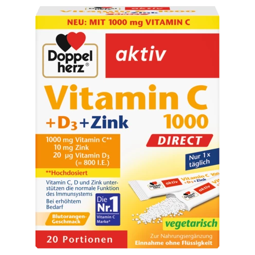 Abbildung der Produktverpackung Doppelherz aktiv Vitamin C 1000 DIRECT Frontansicht