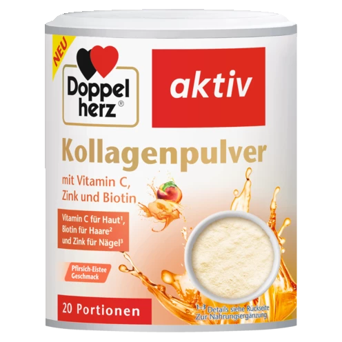 Abbildung der Produktverpackung Doppelherz aktiv Kollagenpulver Pfirsich-Eistee Frontansicht