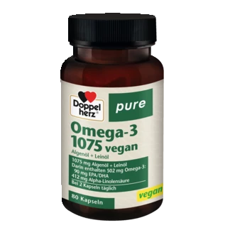 Abbildung der Produktverpackung Doppelherz pure Omega-3 1075 vegan Frontansicht