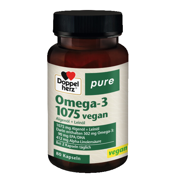 Abbildung der Produktverpackung Doppelherz pure Omega-3 1075 vegan Frontansicht