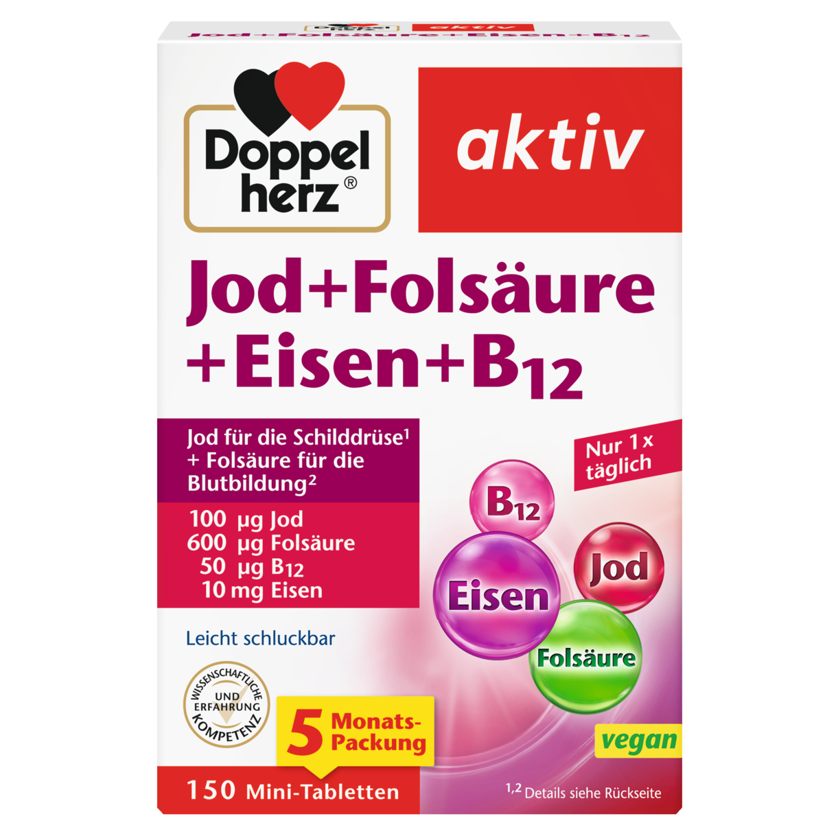 Abbildung der Produktverpackung Doppelherz aktiv Jod + Folsäure + Eisen + B12 Frontansicht