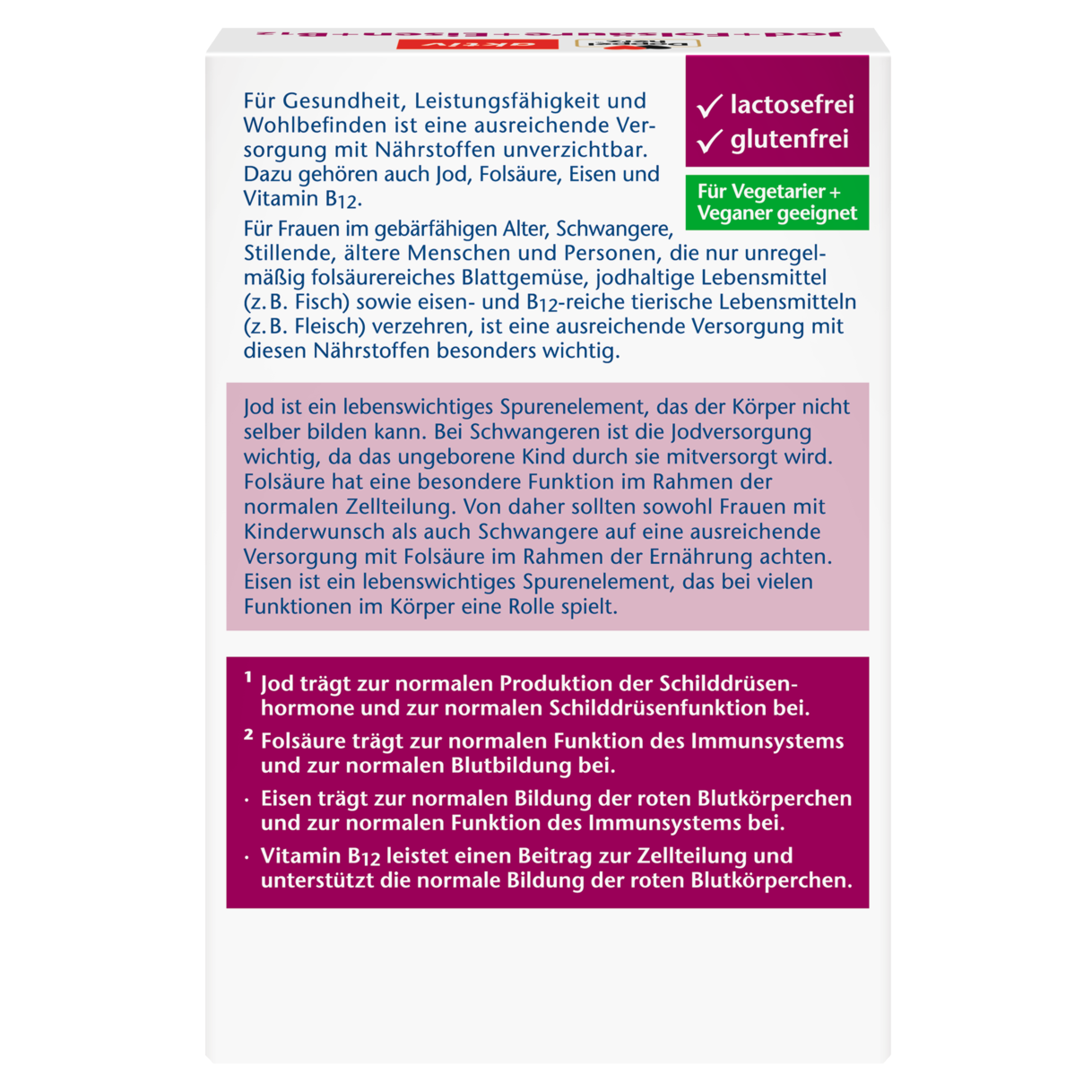 Abbildung der Produktverpackung Doppelherz aktiv Jod + Folsäure + Eisen + B12 Rückansicht