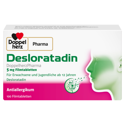 Abbildung der Produktverpackung DoppelherzPharma Desloratadin DoppelherzPharma 5 mg Filmtabletten Frontansicht