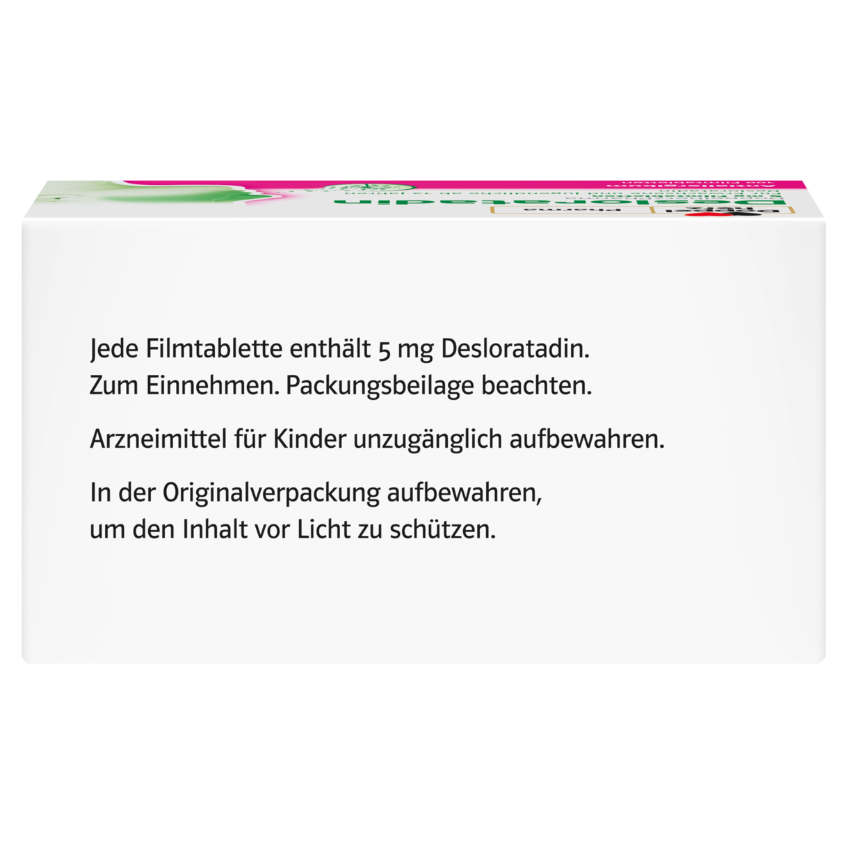 Abbildung der Produktverpackung DoppelherzPharma Desloratadin DoppelherzPharma 5 mg Filmtabletten Seitenansicht links
