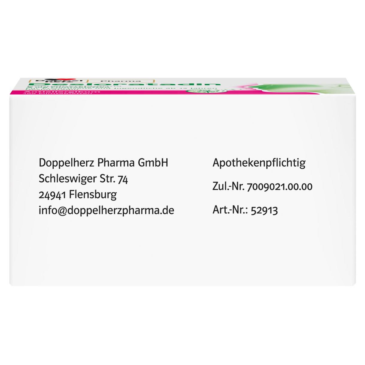 Abbildung der Produktverpackung DoppelherzPharma Desloratadin DoppelherzPharma 5 mg Filmtabletten Seitenansicht rechts