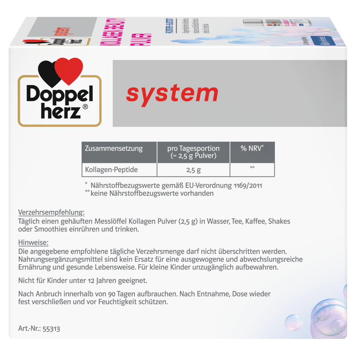 Abbildung der Produktverpackung Doppelherz system KOLLAGEN BEAUTY PULVER Seitenansicht links